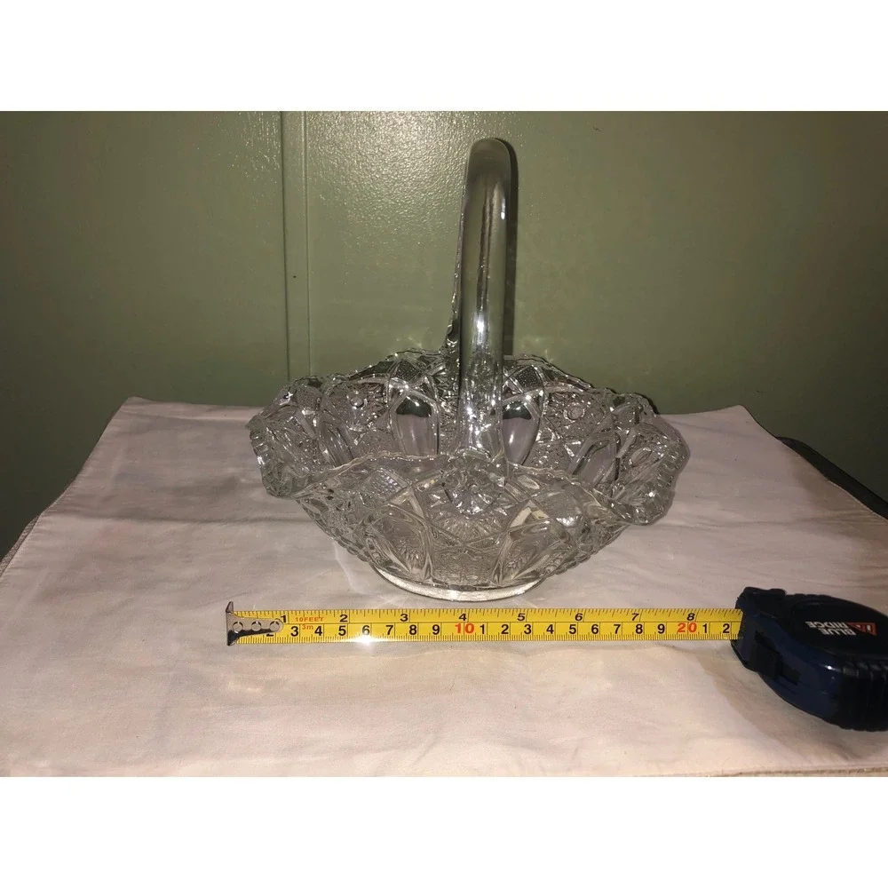Vintage Clear Pressed Glass Basket Scalloped Edge Starburst Pattern Decor 8 inch